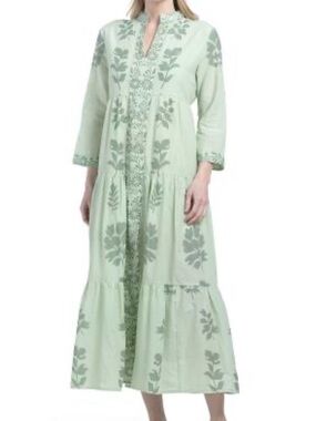 Calyoso St Barth Light Green Floral Embroidered Midi Dress
